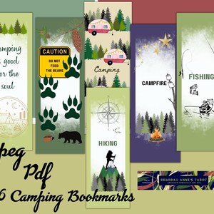 Digital Printable Camping 6 Bookmarks Camper Fishing Hiking Bear Campfire JPEG PDF