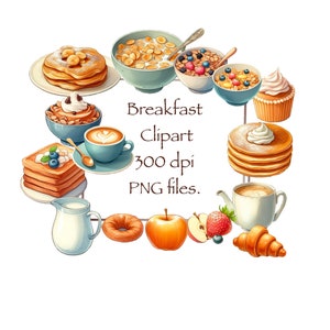 Watercolor Breakfast Digital Clipart Cereal Pancakes French Toast Donut PNG Files