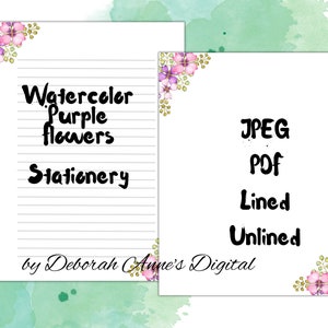 Digital Watercolor Purple Flower Stationery Writing Paper Lined Unlined PDF