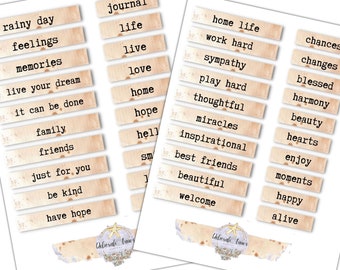 Printable Journal Words Labels Inspirational Junk Journal Cardmaking Scrapbooking Ephemera Phrases Typewriter