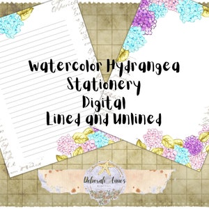 Digital Watercolor Hydrangea Stationery Lined Unlined Printable Writing Paper