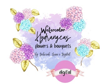 Digital Printable Watercolor Hydrangeas Snowball Bush Clipart Digital Download ONLY Pink Blue Purple