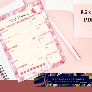 Página do Planejador de Cardápio para Imprimir Café da Manhã Almoço Jantar Lanches Água Floral Rosa Digital Download Somente PDF