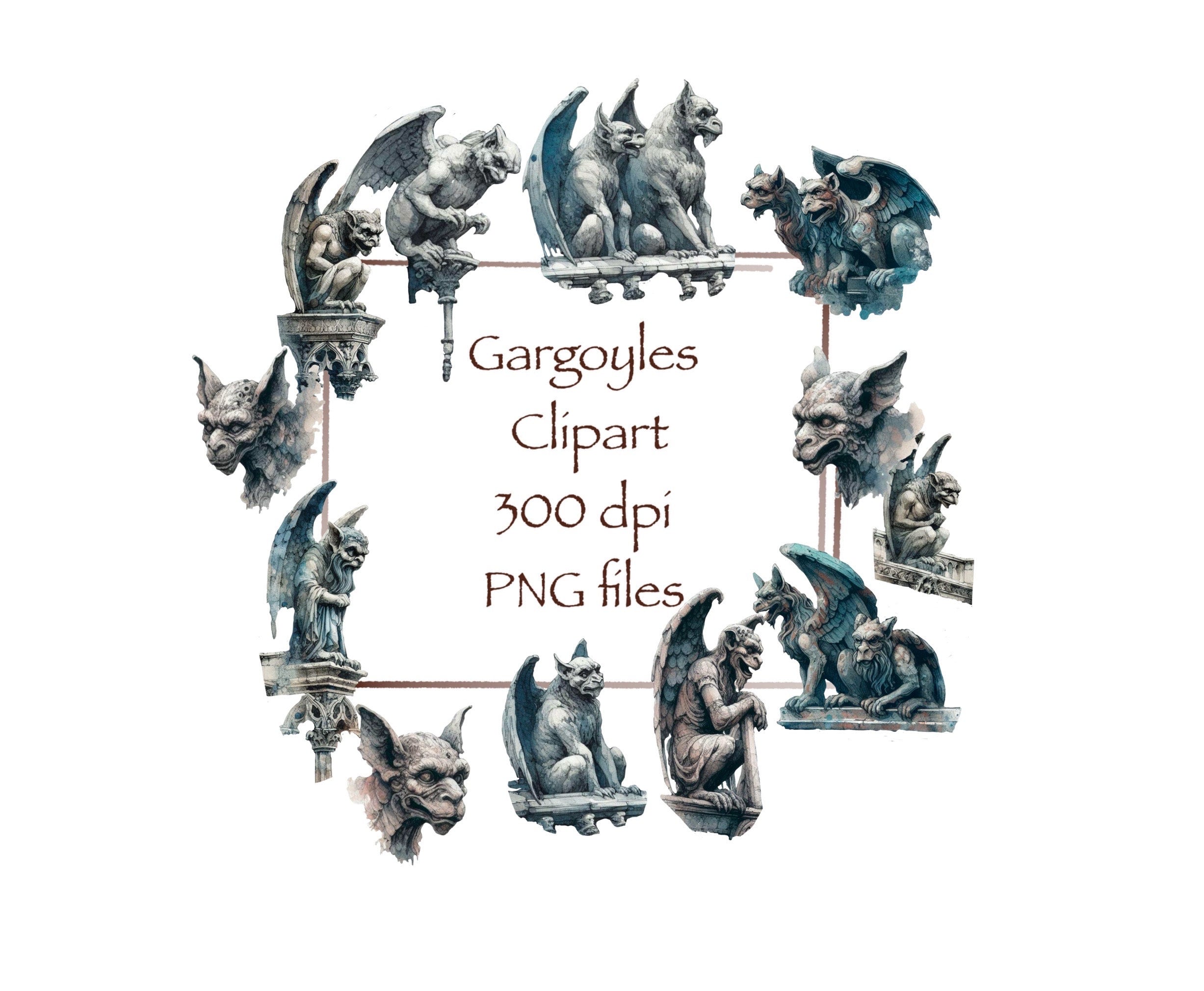 Digital Watercolor Gargoyles Digital Clipart Gothic Themed - Etsy
