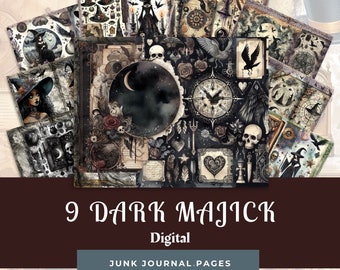 May include: Nine digital junk journal pages with a dark, gothic, and magical theme. The pages feature illustrations of skulls, crows, witches, and other spooky elements.