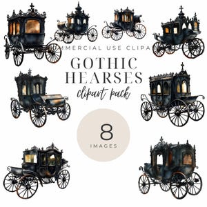 May include: A collection of eight watercolor illustrations of gothic hearses. Each hearse is black with ornate detailing, featuring carriage wheels and decorative elements. The text "Gothic Hearses clipart pack" is also visible.