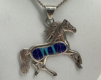 Vintage sterling silver horse pendant and chain with lapis and synthetic opal inlay