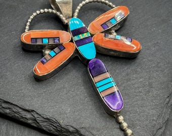 Sterling Silver Butterfly Pendant with Inlays & 30” Figaro Chain