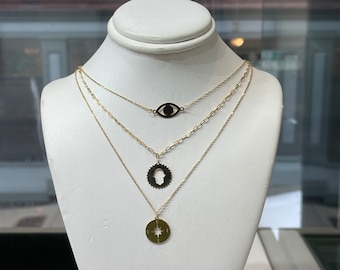 14K Gold Evil Eye Hamsa and Compass Necklace