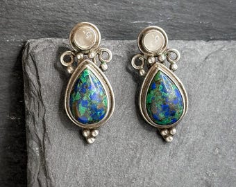 Sterling Silver Earrings with Chrysocolla and Moonstone