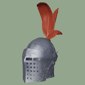 May include: A silver knight helmet with intricate floral designs and a red feather plume. The helmet has a visor with a small opening for the eyes and a series of small holes for ventilation.
