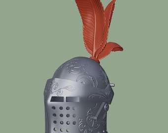 May include: A silver knight helmet with intricate floral designs and a red feather plume. The helmet has a visor with a small opening for the eyes and a series of small holes for ventilation.