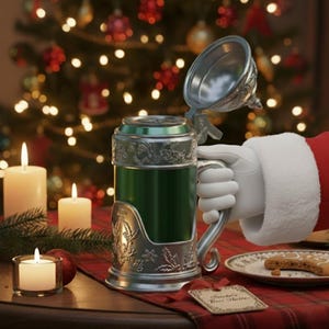 Peut inclure: Une chope à bière argentée et verte avec un couvercle ouvert est tenue par une main gantée, avec un sapin de Noël en arrière-plan. La chope a des détails ornés et est remplie d'un liquide vert. Une assiette avec un biscuit en pain d'épices et une étiquette indiquant "Santa's Beer Holler" sont également visibles.