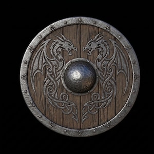 Puede incluir: Un escudo circular de madera con un umbo central de metal martillado y dos motivos de dragones simétricos en metal plateado. El escudo tiene un borde de metal reforzado decorado con pequeños patrones de nudos triangulares.