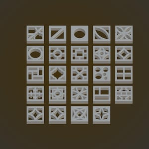 Puede incluir: Un conjunto de 25 azulejos de hormigón gris con diferentes patrones geométricos recortados. Los azulejos están dispuestos en cinco filas de cinco azulejos cada una.