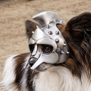 May include: A silver-colored metallic helmet designed for a small animal, featuring a prominent crest, pointed spikes along the sides, and a face-covering structure with eye openings. The helmet has a smooth, polished finish and a circular emblem.