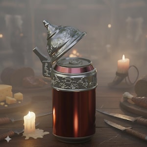 May include: A red and silver beer can with a decorative, hinged lid. The lid and trim feature ornate silver detailing. The can sits on a wooden table with candles, cheese, and bread, creating a rustic, medieval theme.