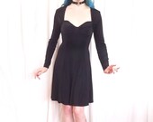 90s Pop Star Black Bodycon Skater Skirt Dress Open Back Long Sleeves Flirty Goth Vintage