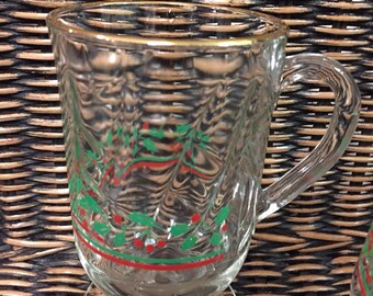 Glass Holly Christmas Mugs Set of 6 with Gold Paint Rim