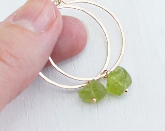 Raw peridot rose gold hoop earrings or silver, August birthstone, charm hoop earrings, raw crystal jewelry, natural peridot, gift for women