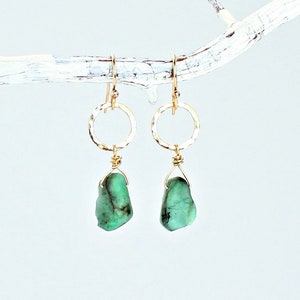 Raw emerald earrings, small gold hoop earrings, May birthstone, emerald jewelry, raw crystal earrings, emerald drop earrings, gift for her