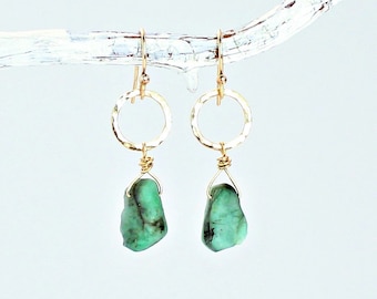 Raw emerald earrings, small gold hoop earrings, May birthstone, emerald jewelry, raw crystal earrings, emerald drop earrings, gift for her