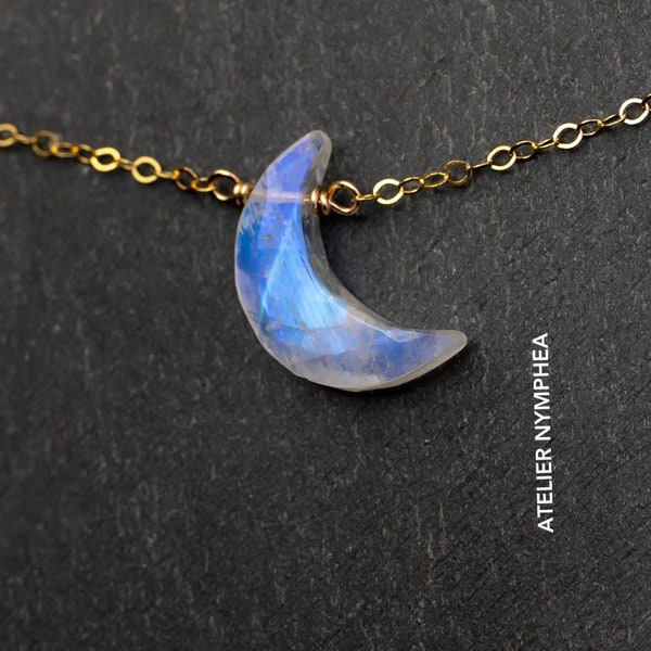Rainbow moonstone crescent moon necklace, moonstone choker, June birthstone, cancer necklace, moon phase necklace, witch pendant, boho gift