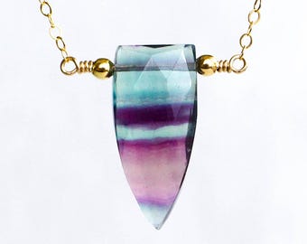 Rainbow fluorite necklace silver, green purple fluorite pendant, fluorite jewelry, Capricorn crystal, heart chakra, gift for girlfriend