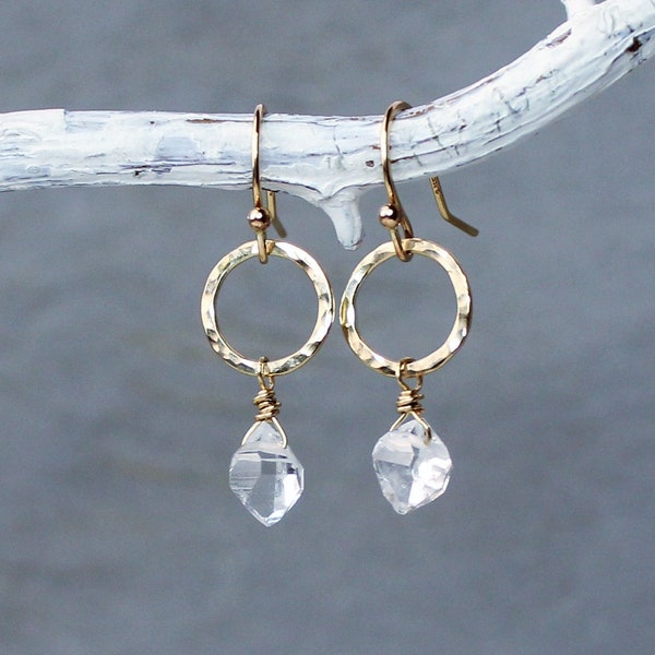 Herkimer diamond tiny hoop earrings gold silver, April birthday gift, raw crystal earrings, gemstone jewelry, christmas present for her