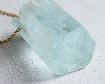 Raw Aquamarine Crystal Necklace: Natural March Birthstone Pendant - Aquarius zodiac, throat chakra