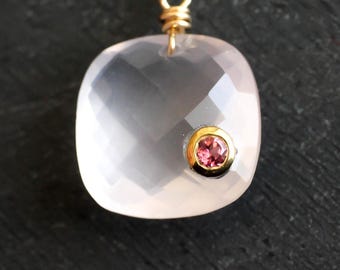 Modern rose quartz with garnet inlay pendant necklace gold filled - Taurus Scorpio zodiac, heart chakra, self love gift