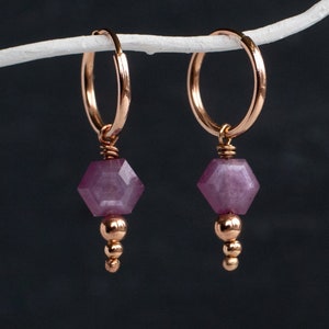 Rose gold ruby earrings, ruby hoop earrings, natural ruby jewelry, July birthstone gift, 40th anniversary, cancer zodiac, bridal earrings,