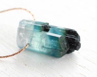 Raw Teal Tourmaline Pendant Necklace: Gold, Rose Gold, or Sterling Silver