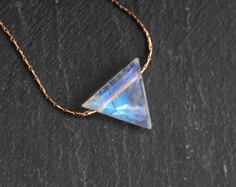 Rainbow moonstone triangle necklace silver, gold arrow necklace, moonstone gemstone jewelry for 13th anniversary, crown chakra, cancer gift