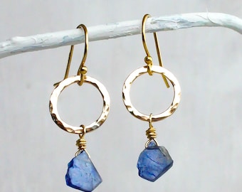 Blue sapphire hoop earrings, raw blue sapphire earrings, raw crystal earrings, 45th wedding anniversary, mini gold hoops, taurus zodiac