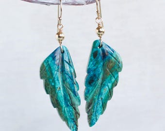 Artisan Chrysocolla leaf earrings in 14K gold filled - communication stone for throat chakra and Virgo zodiac - goddess stone
