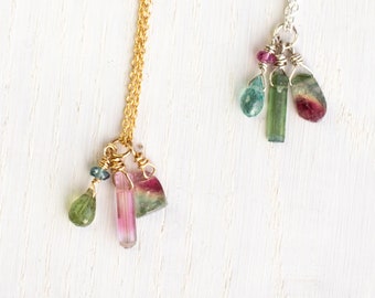 Watermelon tourmaline pendant set in rose gold, silver, tourmaline slice necklace, birthstone jewelry for october birthday, libra gemstone