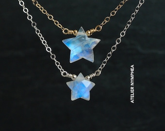 Rainbow moonstone star necklace, rose gold star choker, natural gemstone celestial jewelry, throat crown chakra, gemini cancer crystal