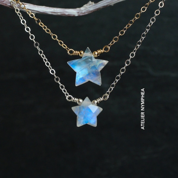 Rainbow moonstone star necklace, rose gold star choker, natural gemstone celestial jewelry, throat crown chakra, gemini cancer crystal
