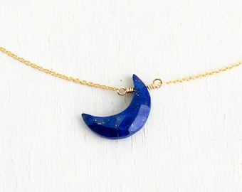 Lapis lazuli crystal crescent moon necklace silver, taurus necklace, natural lapis lazuli jewelry, royal blue necklace, lapis lazuli pendant