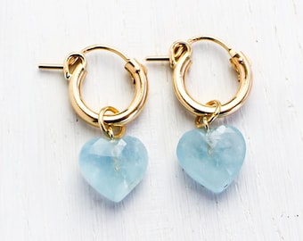 Genuine aquamarine heart earrings, birthstone hoop earrings, aquamarine earrings, thick gemstone chunky huggies, bridesmaid gift for her