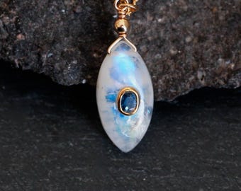 Rainbow moonstone necklace with kyanite inlay - genuine moonstone jewelry - gemini crystal & June birthstone gift