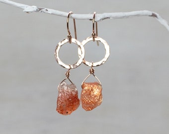 Raw gemstone earrings, raw sunstone earrings in rose gold, silver, raw crystel jewelry, tiny hoop earrings, gift for wife girlfriend