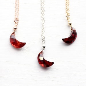 Garnet crescent moon necklace, January birthstone, genuine garnet necklace gold, silver, natural garnet pendant, christmas gift for her