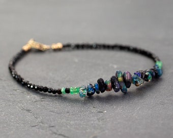 Pulsera de ópalo negro crudo de plata y esmeralda, piedra natal de octubre, joyería de ópalo negro, pulsera de piedras preciosas con cuentas, pulsera para hombre, regalo para mujer
