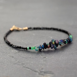 Raw black opal bracelet silver & emerald, October birthstone, black opal jewelry, beaded gemstone bracelet, bracelet homme, gift for women