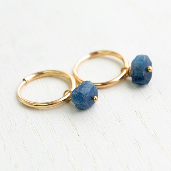 Blue sapphire hoop earrings, raw blue sapphire earrings, raw crystal earrings, 45th wedding anniversary, mini gold hoops, taurus zodiac