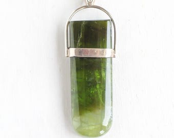 Raw Green Tourmaline Sterling Silver Pendant Necklace - Bicolor Verdelite Crystal