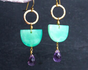 Chrysoprase & amethyst earrings in 14K gold filled - handmade artisan jewelry – boho goddess – venus stone - heart chakra - READY TO SHIP