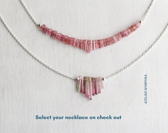 Collier de tourmaline rose brut, collier de barre de tourmaline, collier en cristal brut, bijoux en pierres précieuses de rubellite naturelle zodiaque de la balance, chakra du coeur